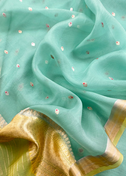 Sky Blue Kora Silk Unstitched Suit With Kadwa Weaving