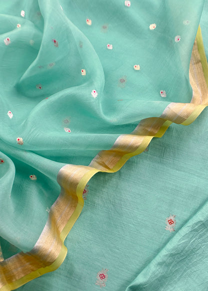 Sky Blue Kora Silk Unstitched Suit With Kadwa Weaving