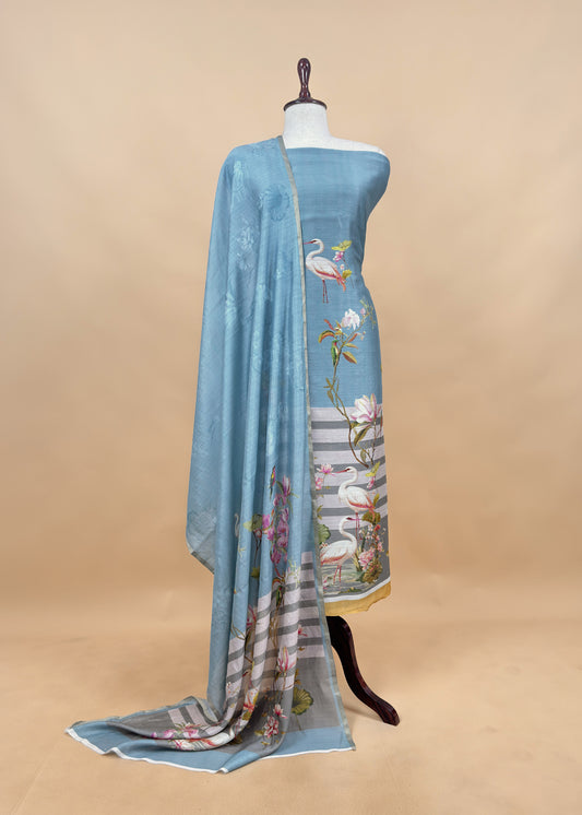 Blues Flamingo Pure Chiniya Silk Unstitched Suit Fabric