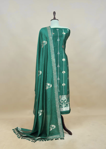 Emerald Green Handloom Silk Suit Fabric With Sonarupa Kadwa Weaving
