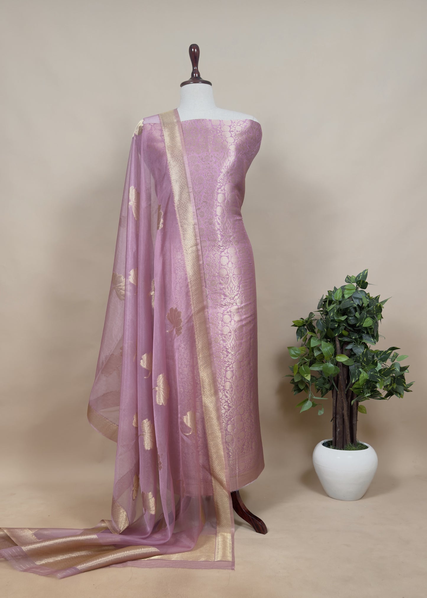 Pink Banarasi Silk Brocade Suit With Organza Dupatta