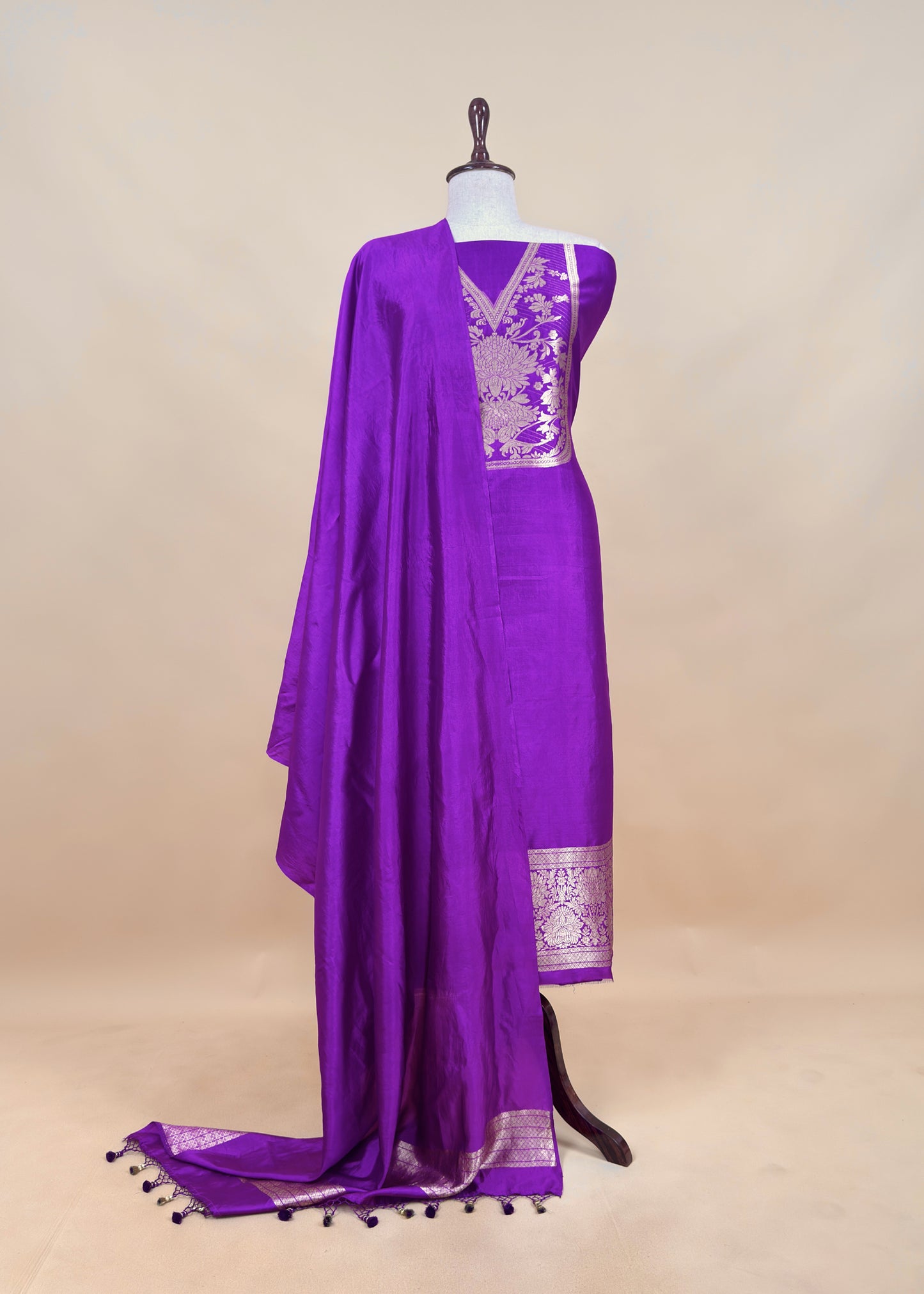 Purple Handloom katan Silk Suit Fabric With Peonies Kadwa Weaving