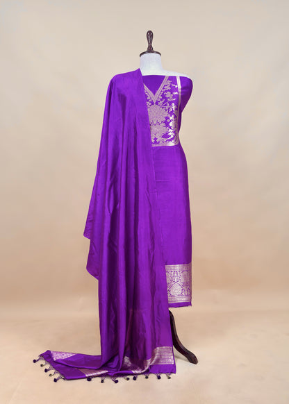 Purple Handloom katan Silk Suit Fabric With Peonies Kadwa Weaving