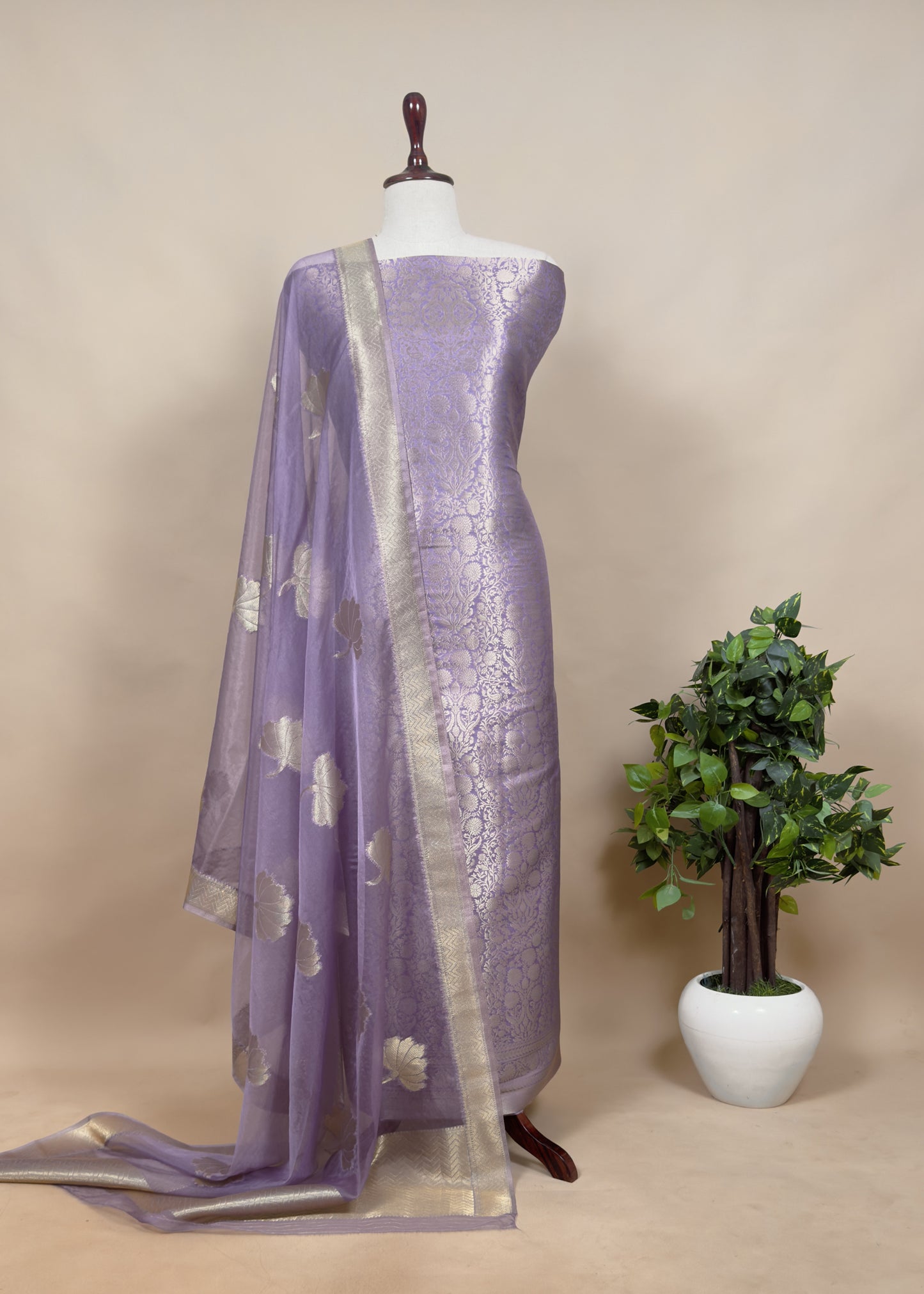 Light Purple Banarasi Silk Brocade Suit With Organza Dupatta