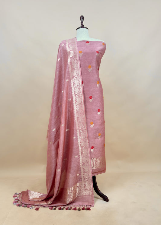 Dusty Pink Pure Unstitched Linen Silk Suit In Kadwa Weaves and Meenakari Work
