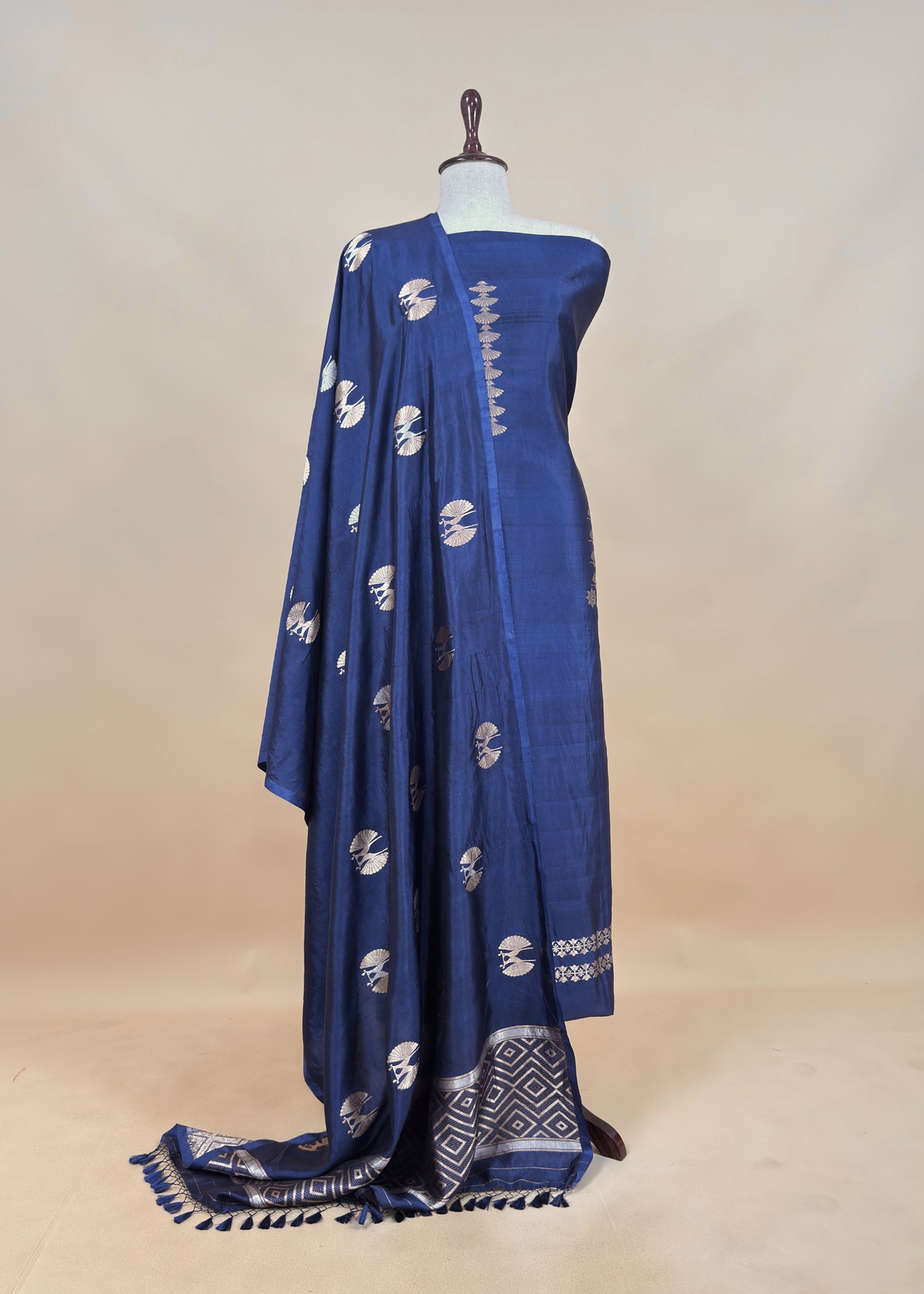 Midnight Blue Handloom Silk Unstitched Suit Fabric With Kadwa Weaving