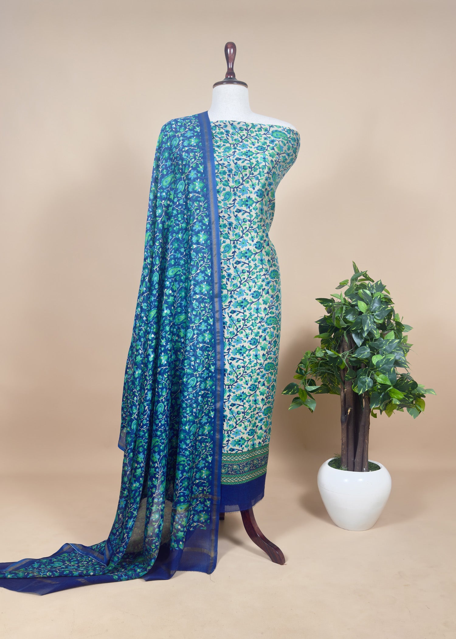 Blue Colour Cotton Kani Printed Unstitched Suit Fabric With Dupatta