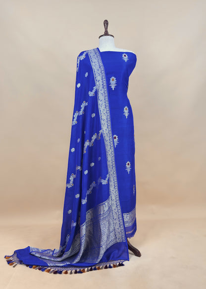 Luxe Neel Handloom Munga Georgette Unstitched Suit Fabric With Kadwa Alfi Weaving