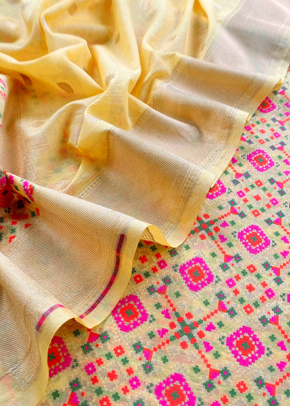 Yellow Handwoven Unstitched Pure Cotton Suit With Patola Weaving