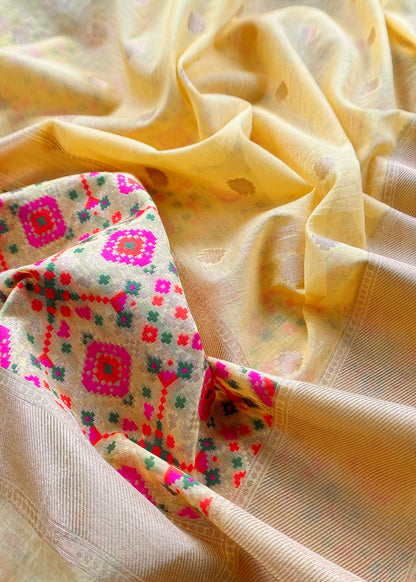 Yellow Handwoven Unstitched Pure Cotton Suit With Patola Weaving