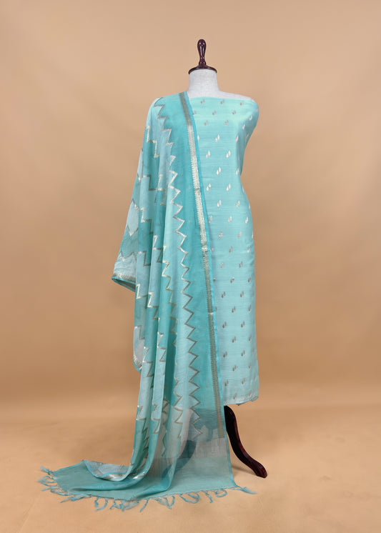 Sky Blue Banarasi Chanderi Silk Suit With Zig-Zag Dupatta