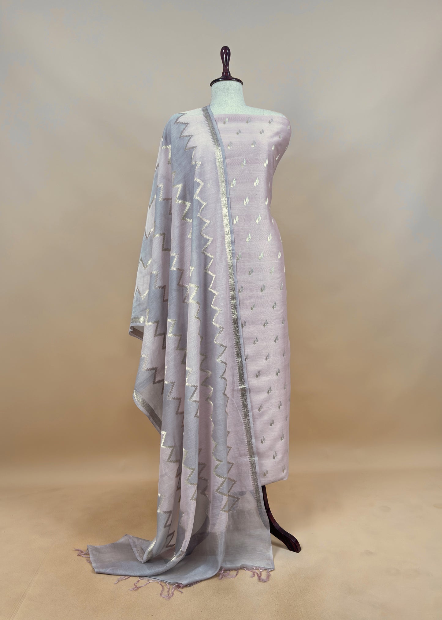 White Banarasi Chanderi Silk Suit With Zig-Zag Dupatta