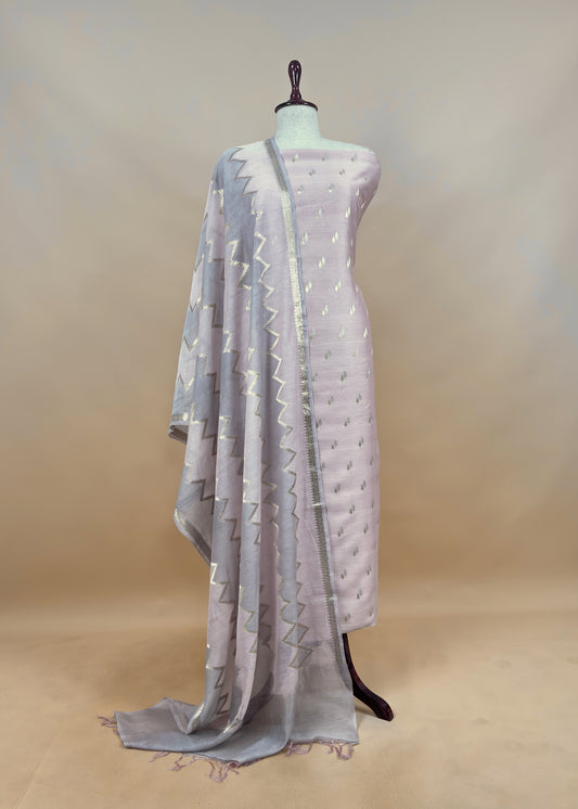 Beige Banarasi Chanderi Silk Suit With Zig-Zag Dupatta