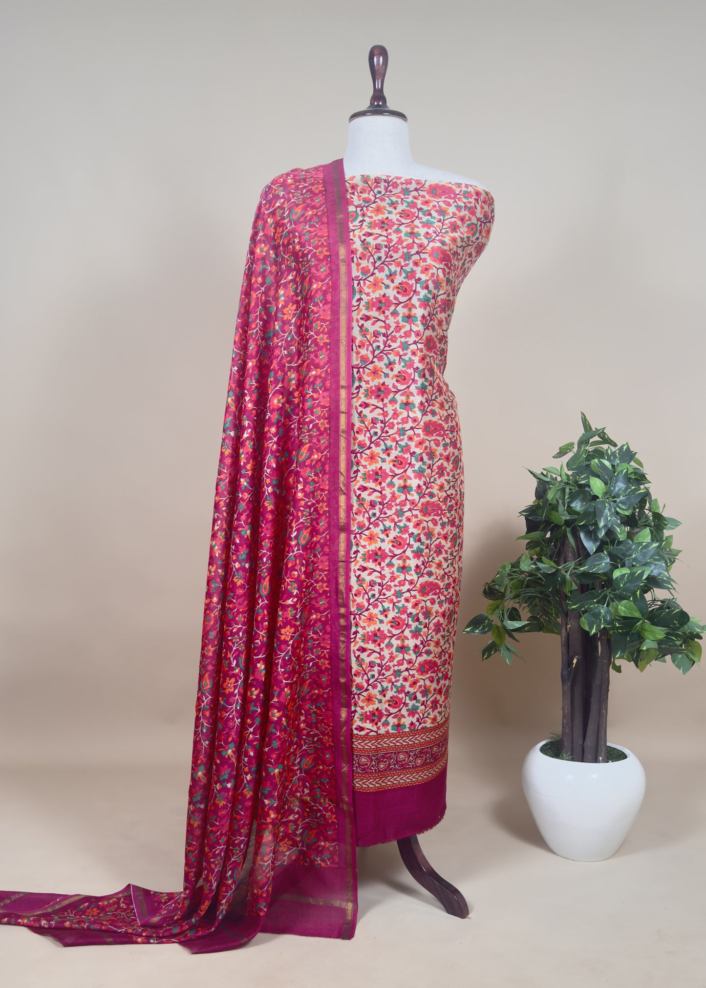 Pink Handloom Kani Unstitched Suit In Maheshwari Silk