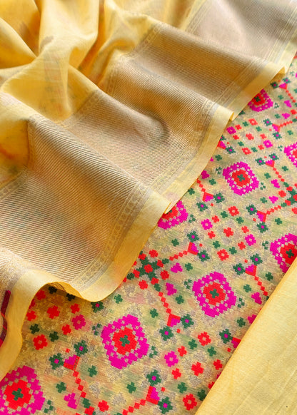 Yellow Handwoven Unstitched Pure Cotton Suit With Patola Weaving