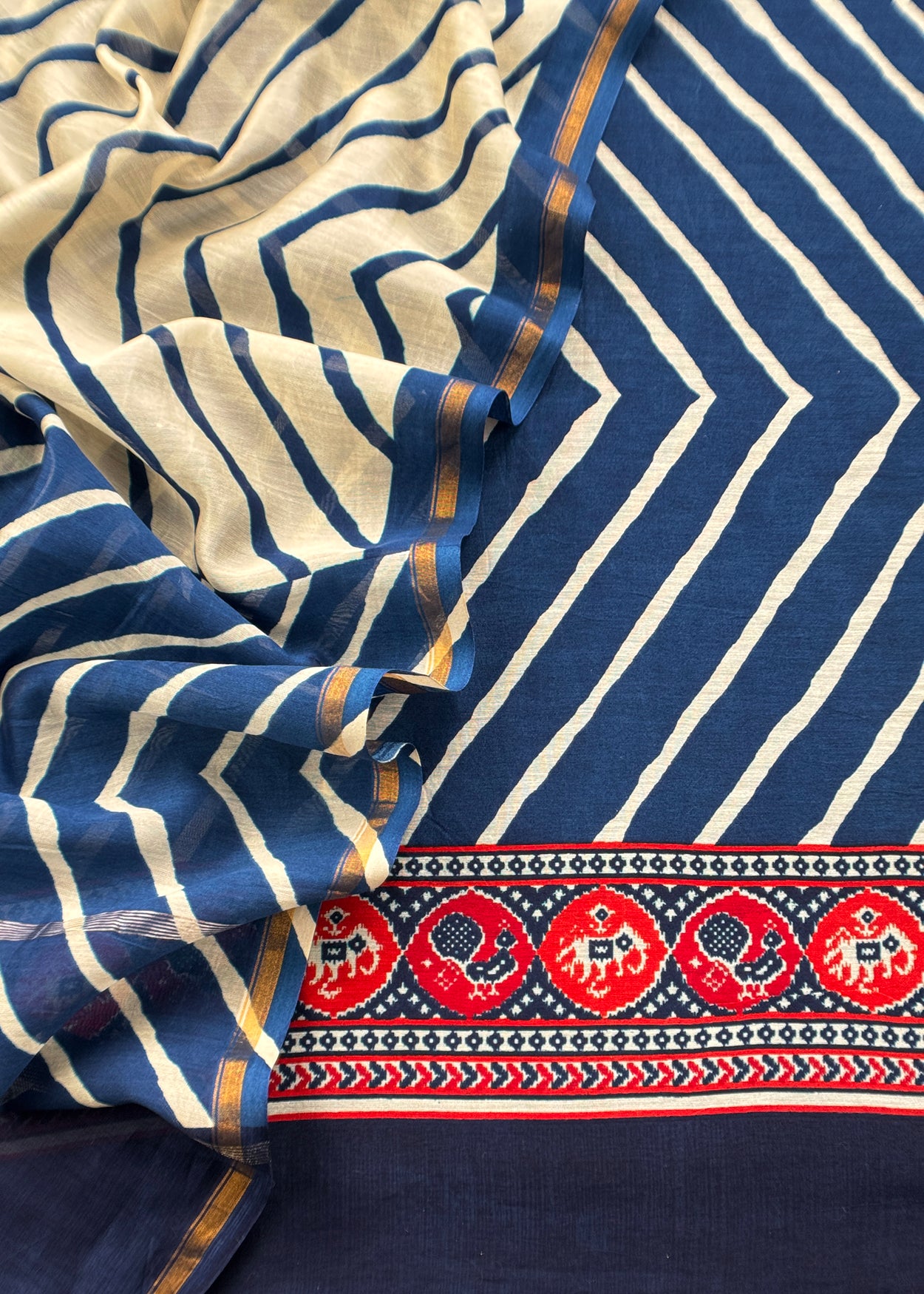 Blue Handloom Lehariya Maheshwari Silk Suit With Patola Border