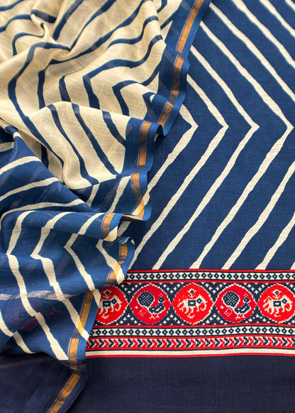 Blue Handloom Lehariya Maheshwari Silk Suit With Patola Border