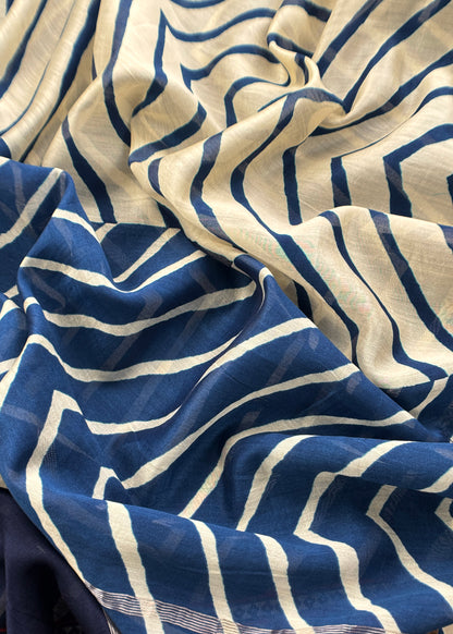 Blue Handloom Lehariya Maheshwari Silk Suit With Patola Border