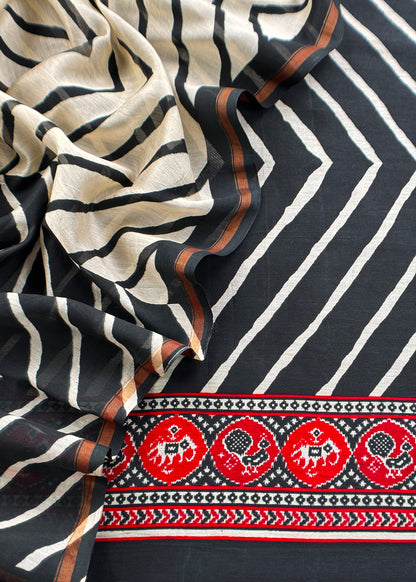 Black Handloom Lehariya Maheshwari Silk Suit With Patola Border