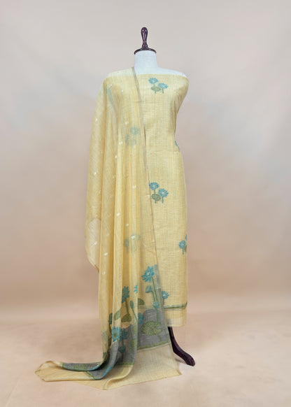 Yellow Floral Jamdani Weave Unstitched Chanderi Suit