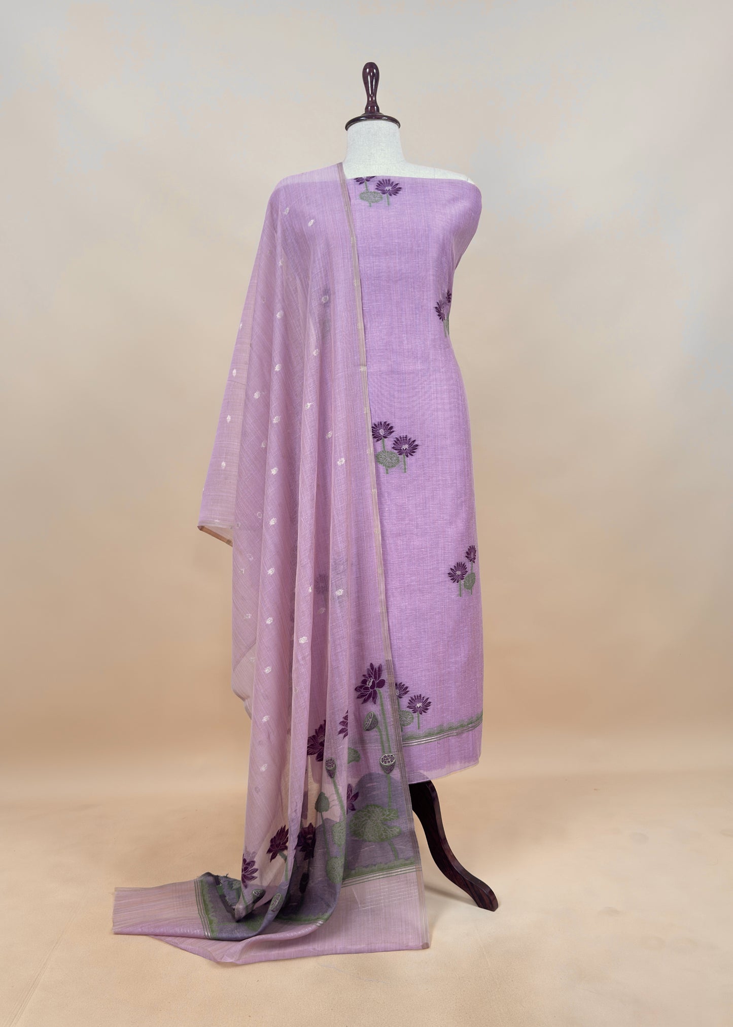 Pink Floral Jamdani Weave Unstitched Chanderi Suit