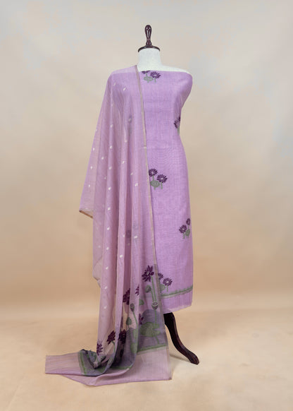 Yellow Floral Jamdani Weave Unstitched Chanderi Suit