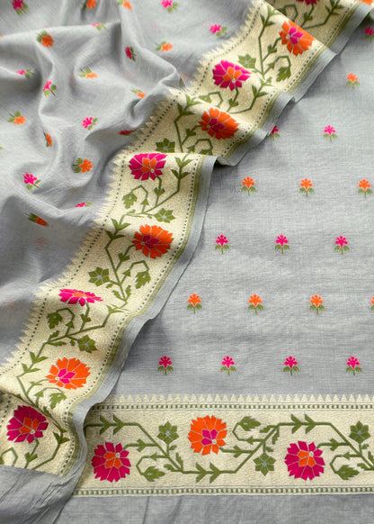 Grey Handloom Banarasi Cotton Unstitched Suit Fabric With Meena Cutwork Weaving