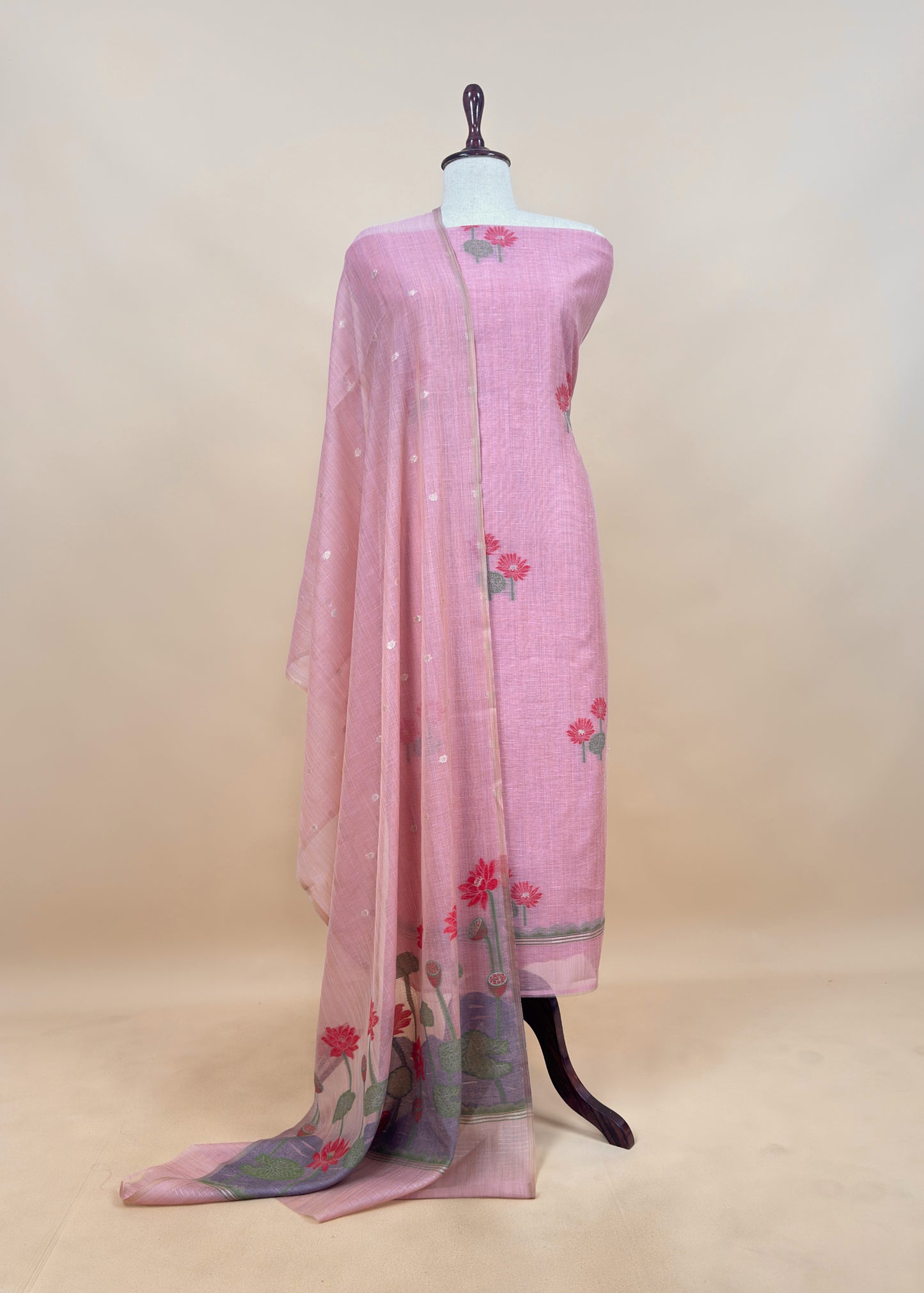 Pink Floral Jamdani Weave Unstitched Chanderi Suit