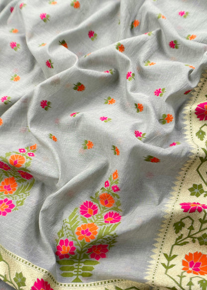 Grey Handloom Banarasi Cotton Unstitched Suit Fabric With Meena Cutwork Weaving