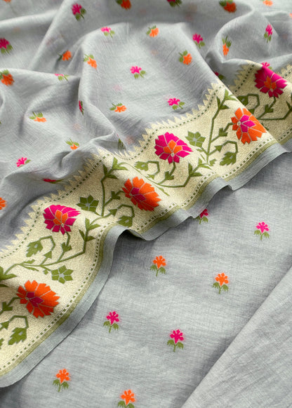 Grey Handloom Banarasi Cotton Unstitched Suit Fabric With Meena Cutwork Weaving