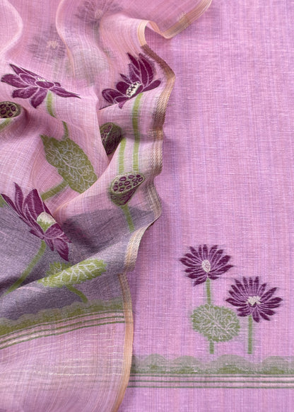 Lilac Floral Jamdani Weave Unstitched Chanderi Suit