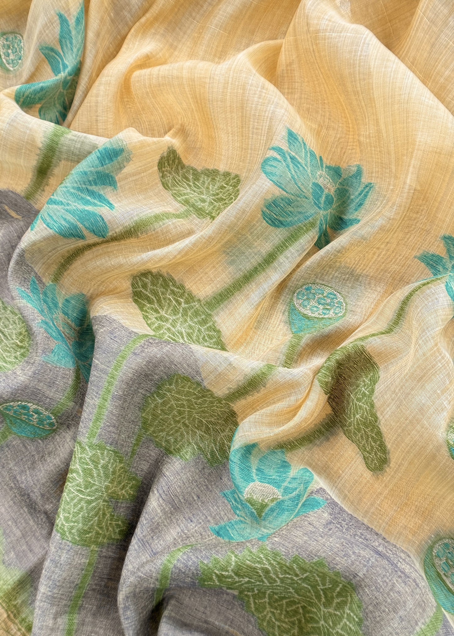 Yellow Floral Jamdani Weave Unstitched Chanderi Suit