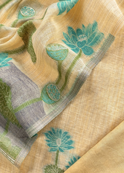 Yellow Floral Jamdani Weave Unstitched Chanderi Suit