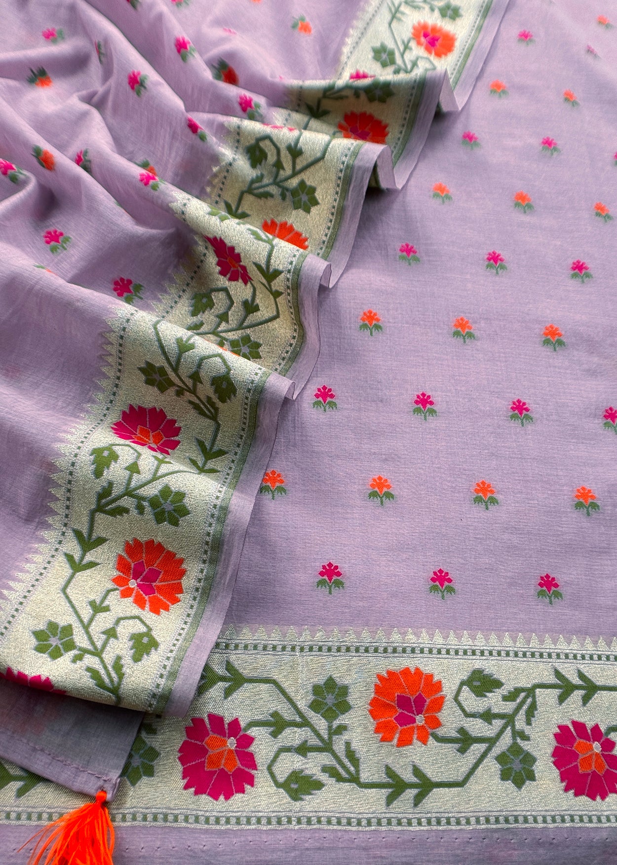 Lilac Handloom Banarasi Cotton Unstitched Suit Fabric With Meenakari Weaving