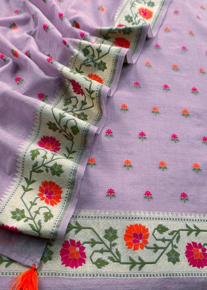 Lilac Handloom Banarasi Cotton Unstitched Suit Fabric With Meenakari Weaving
