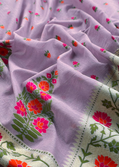 Lilac Handloom Banarasi Cotton Unstitched Suit Fabric With Meenakari Weaving