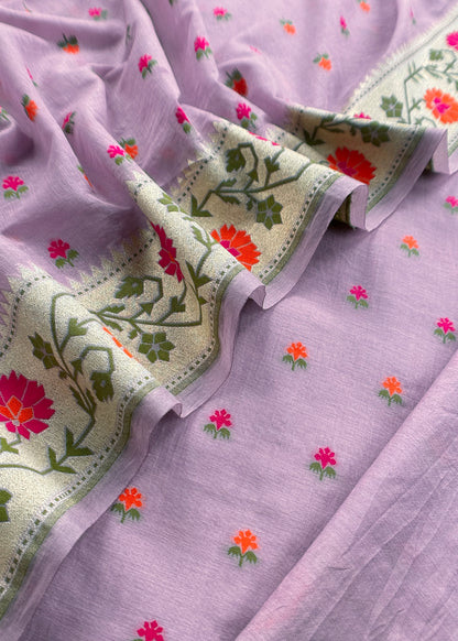 Lilac Handloom Banarasi Cotton Unstitched Suit Fabric With Meenakari Weaving