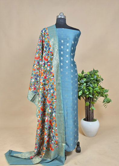 Blue Banarasi Suit With Kalamkari Dupatta