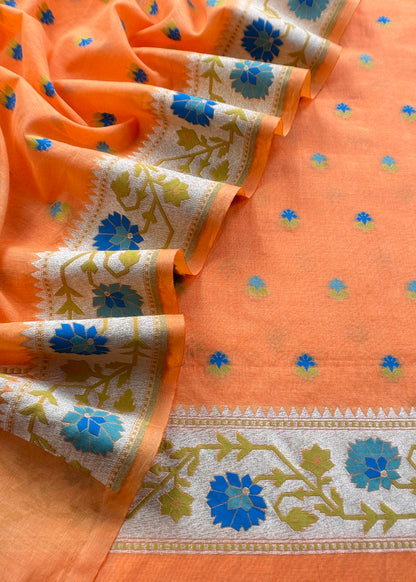 Orange Handloom Banarasi Cotton Unstitched Suit Fabric With Meenakari Weaving