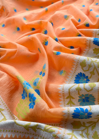 Orange Handloom Banarasi Cotton Unstitched Suit Fabric With Meenakari Weaving