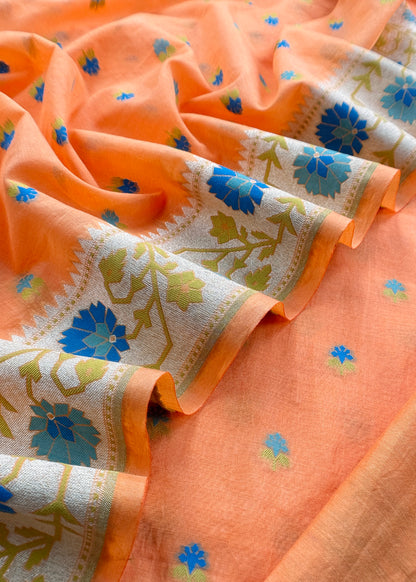 Orange Handloom Banarasi Cotton Unstitched Suit Fabric With Meenakari Weaving