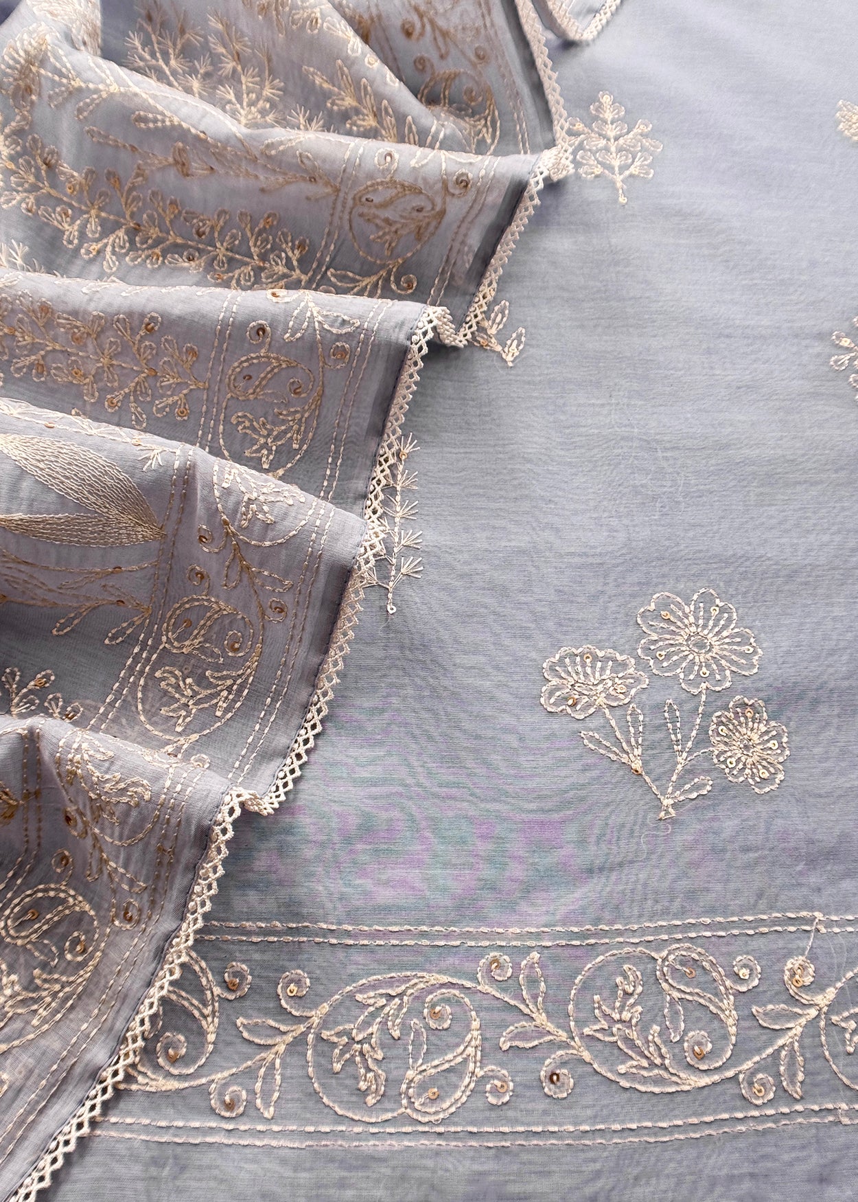 Lavender Premium Summers Handloom Mul Kurta With Resham Thread Embroidery