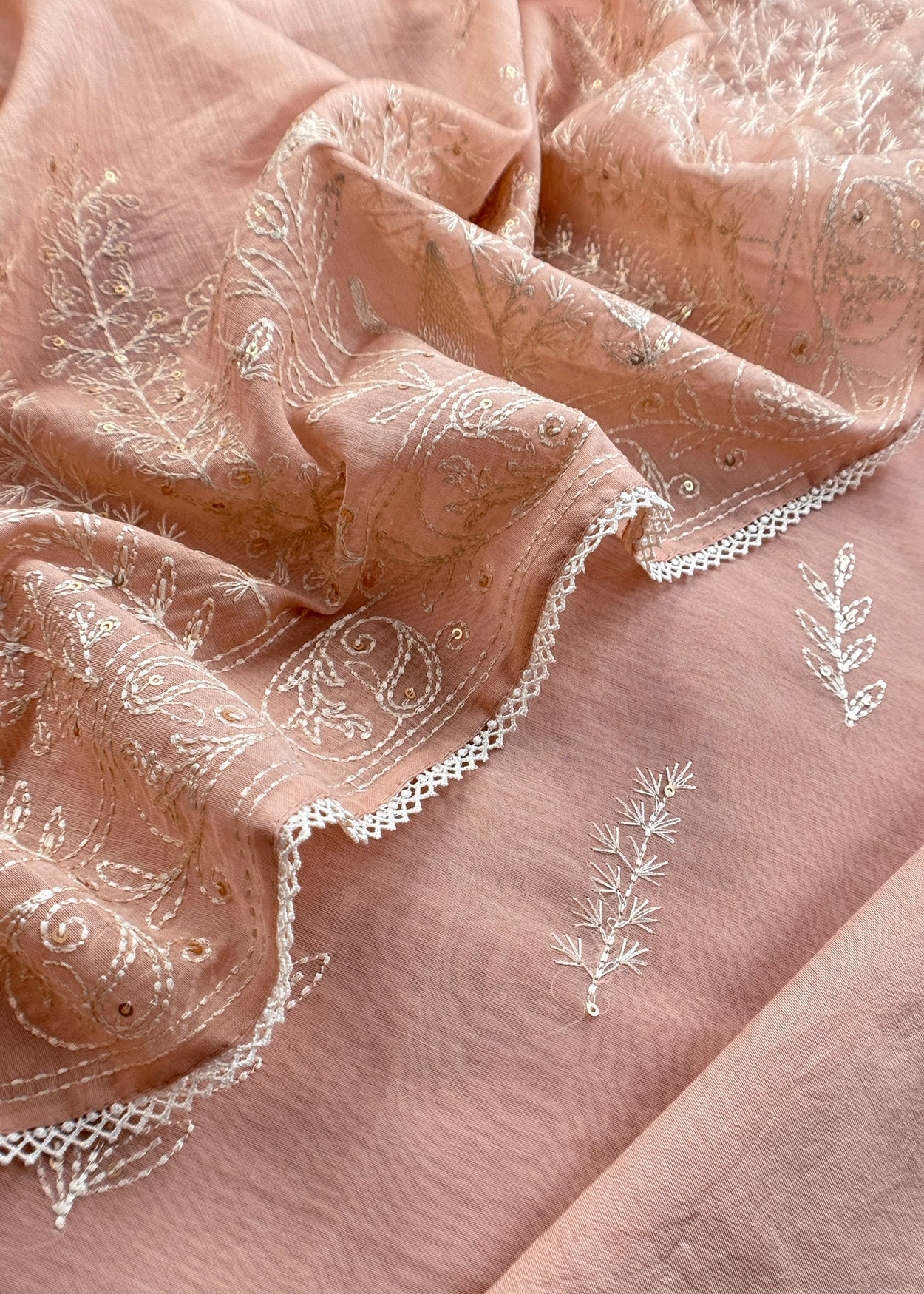 Peach Premium Summers Handloom Mul Kurta With Resham Thread Embroidery