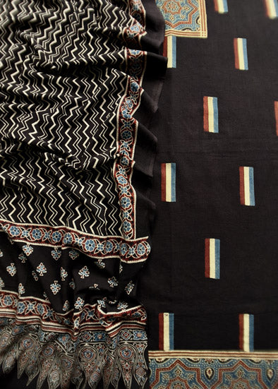 Black Unstitched Ajrak Suit In Cotton