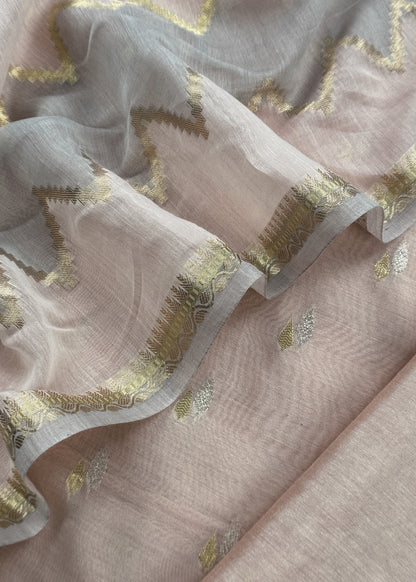 Beige Banarasi Chanderi Silk Suit With Zig-Zag Dupatta