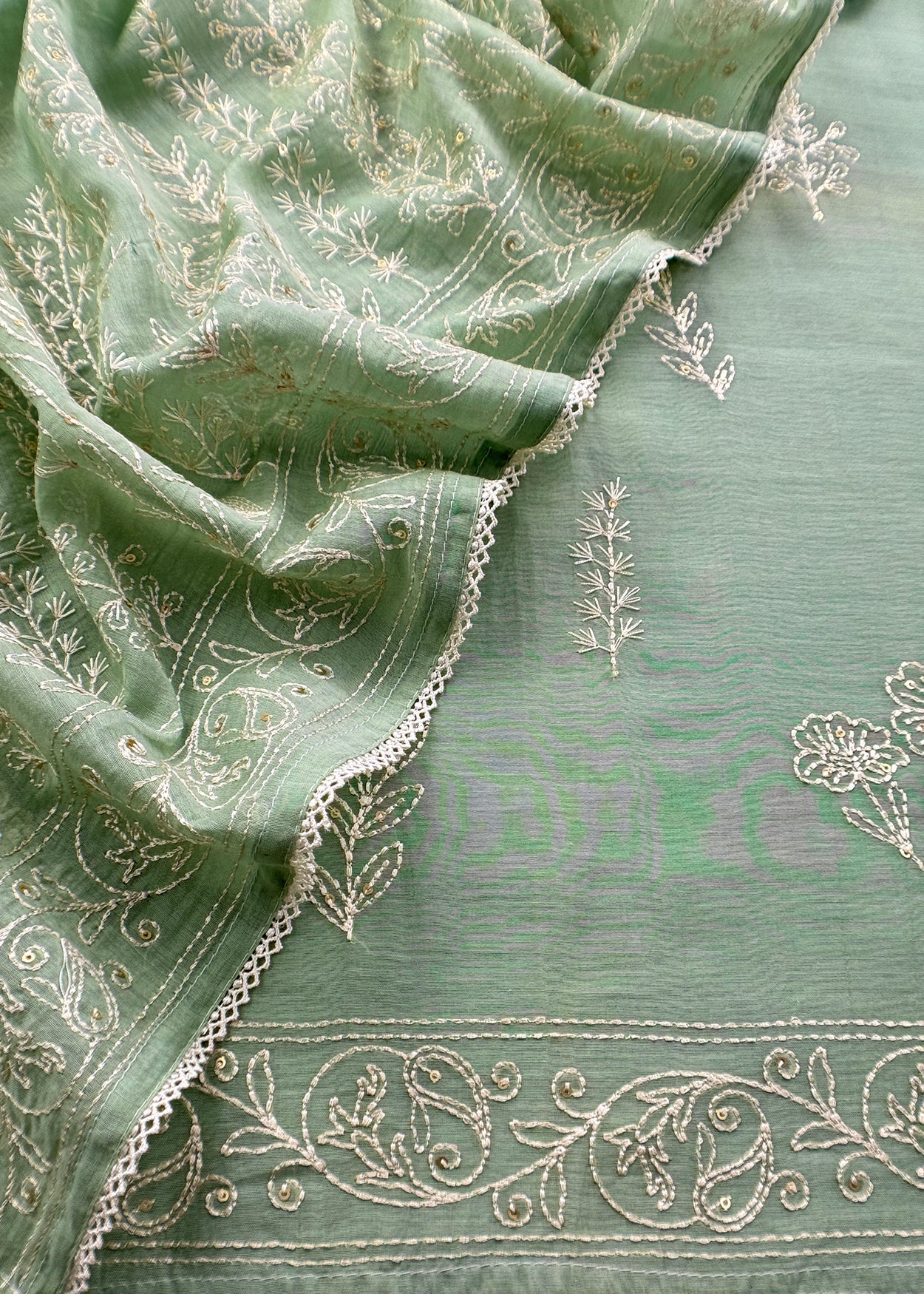 Sage Green Premium Summers Handloom Mul Kurta With Resham Thread Embroidery