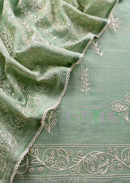 Sage Green Premium Summers Handloom Mul Kurta With Resham Thread Embroidery