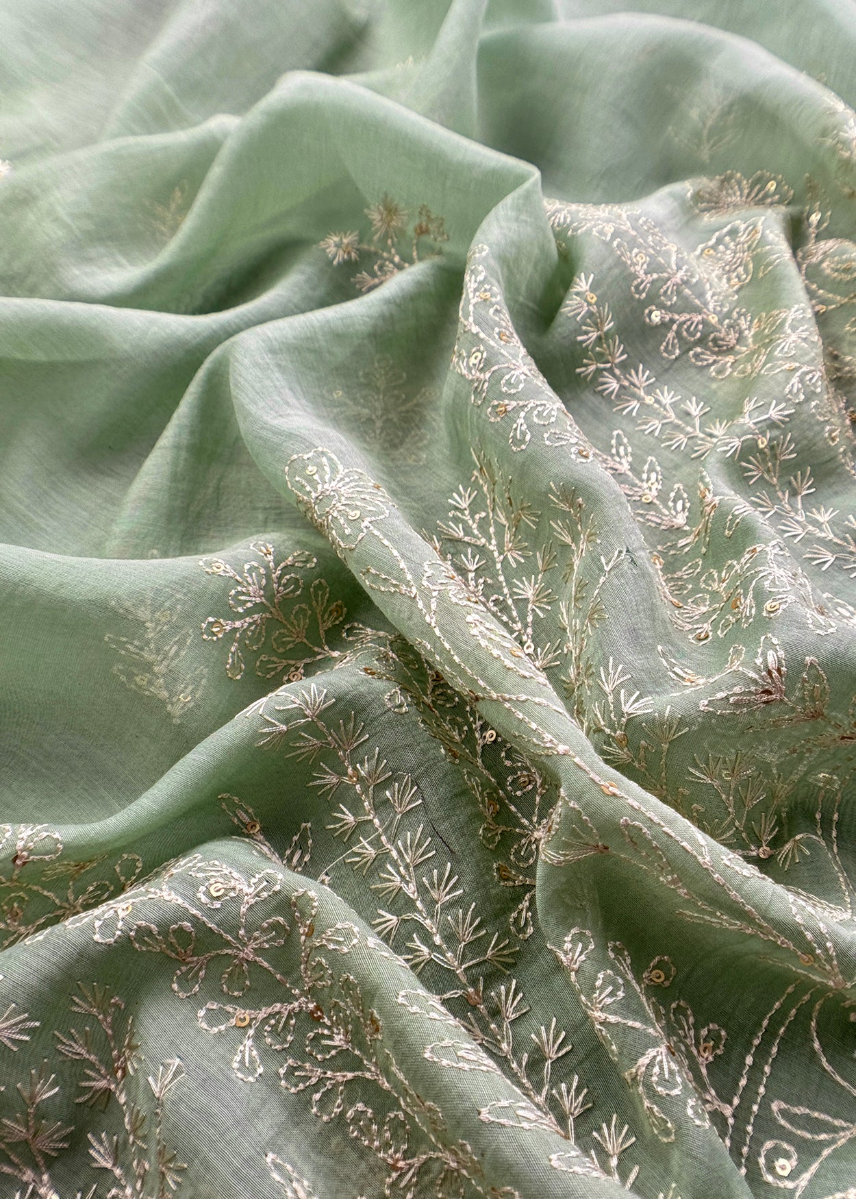 Sage Green Premium Summers Handloom Mul Kurta With Resham Thread Embroidery
