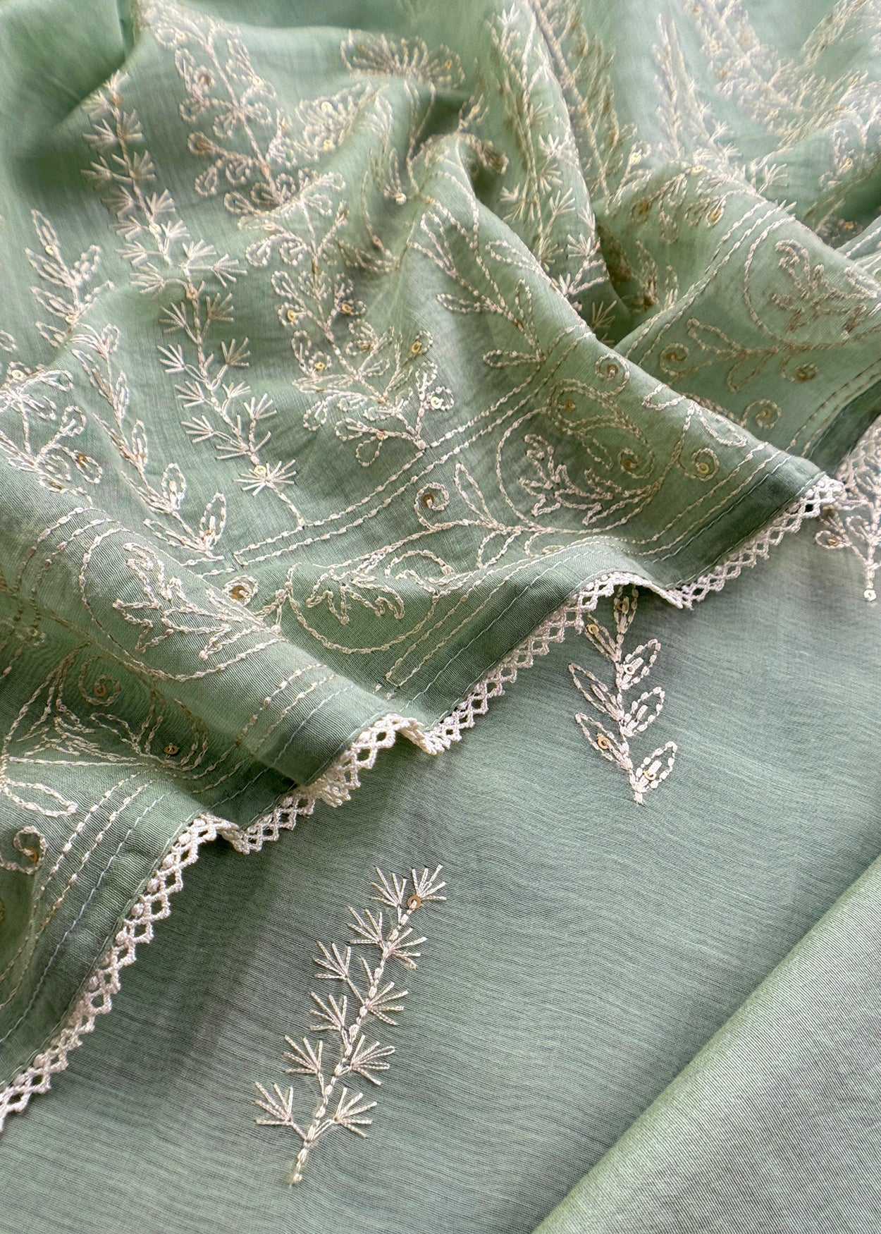 Sage Green Premium Summers Handloom Mul Kurta With Resham Thread Embroidery