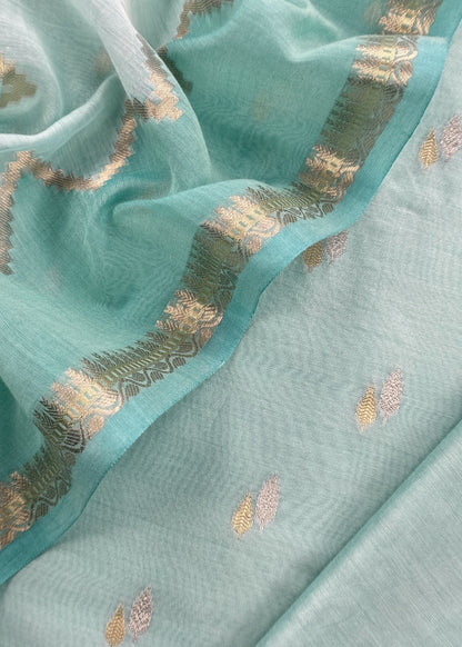 Sky Blue Banarasi Chanderi Silk Suit With Zig-Zag Dupatta
